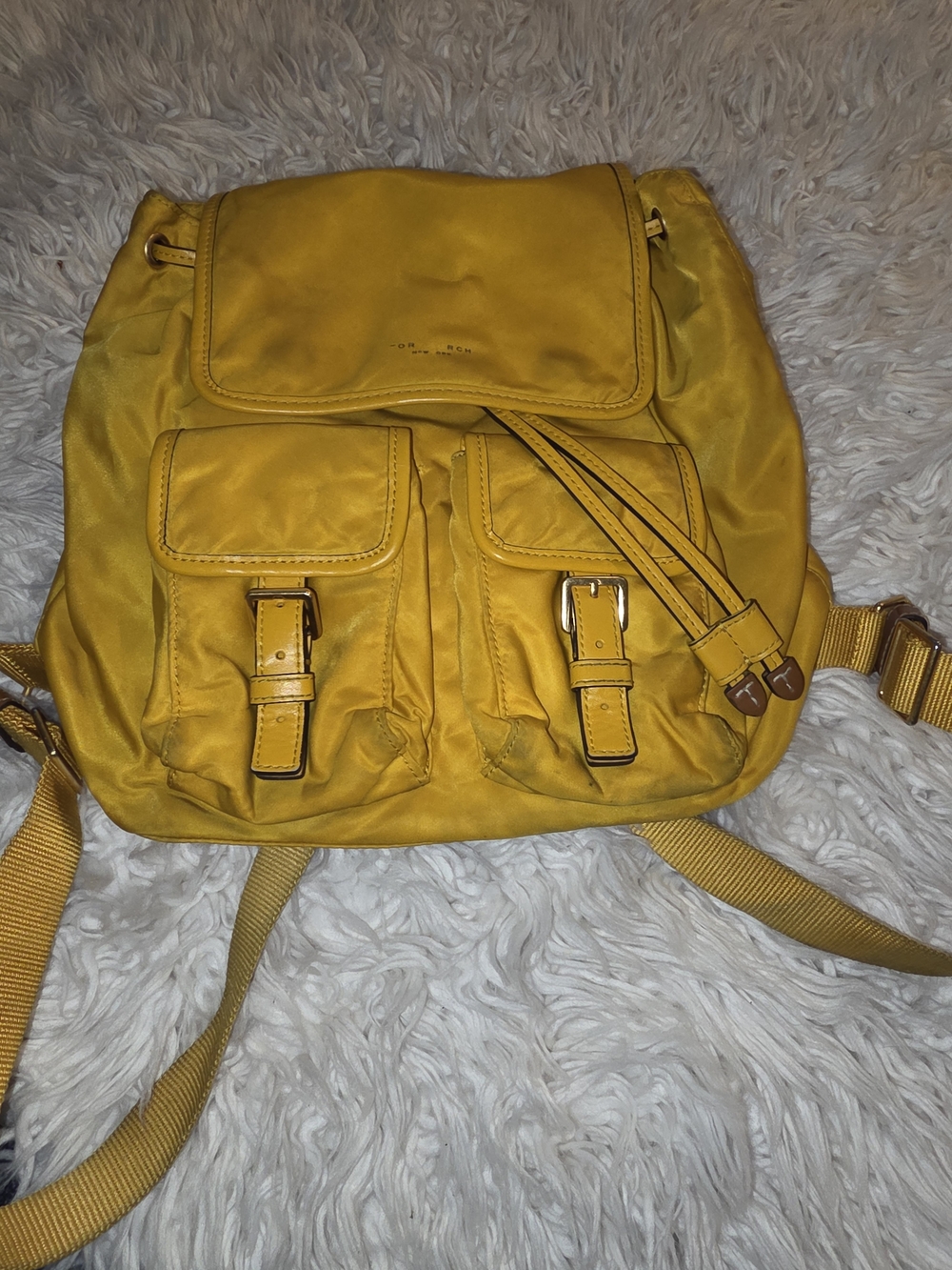 Tory Burch Yellow Nylon Backpack with Front Buckle Pockets